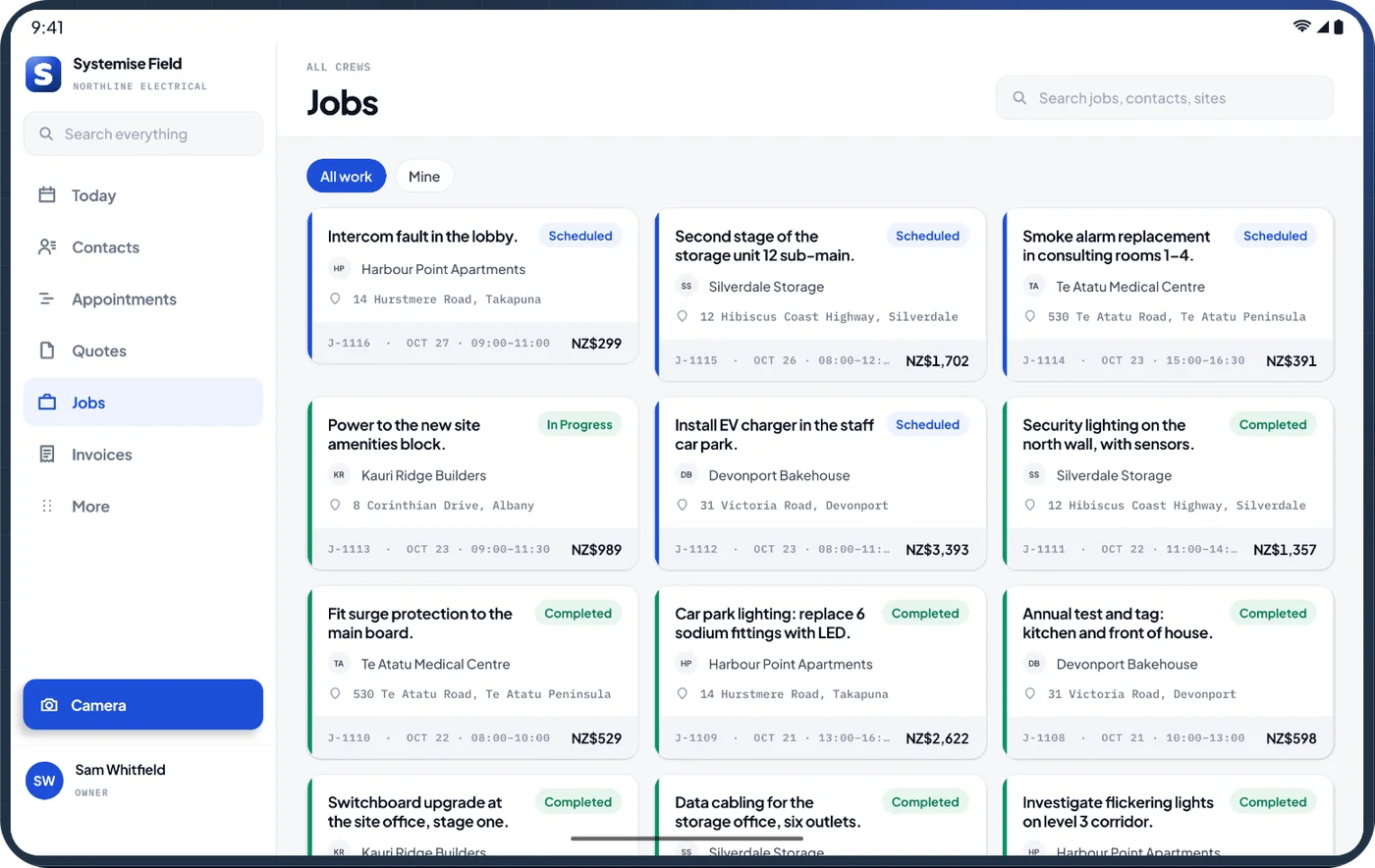 Every job for every crew on an Android tablet, with status, site and value on each card