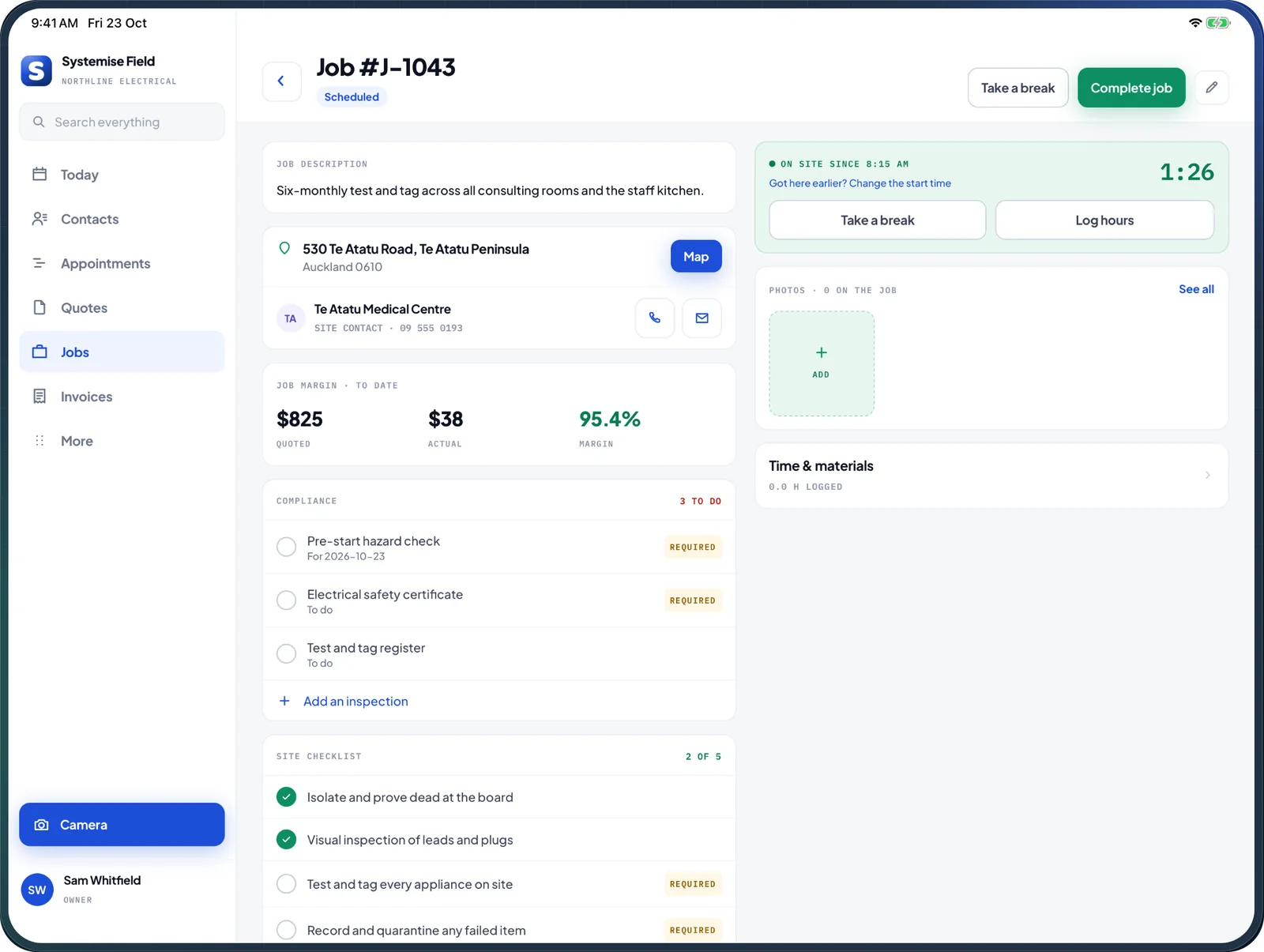 A job on iPad: the clock, site, margin and compliance forms on one screen