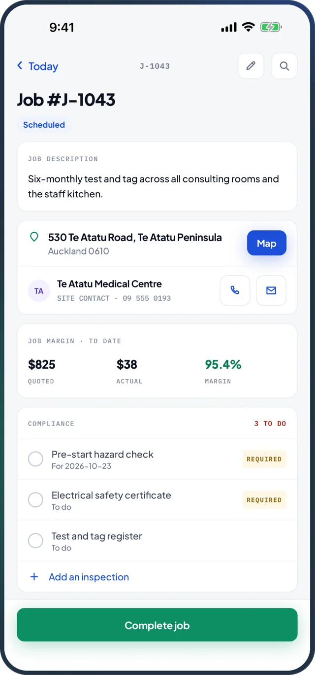 A job screen showing the site, the site contact, the margin to date and its compliance forms