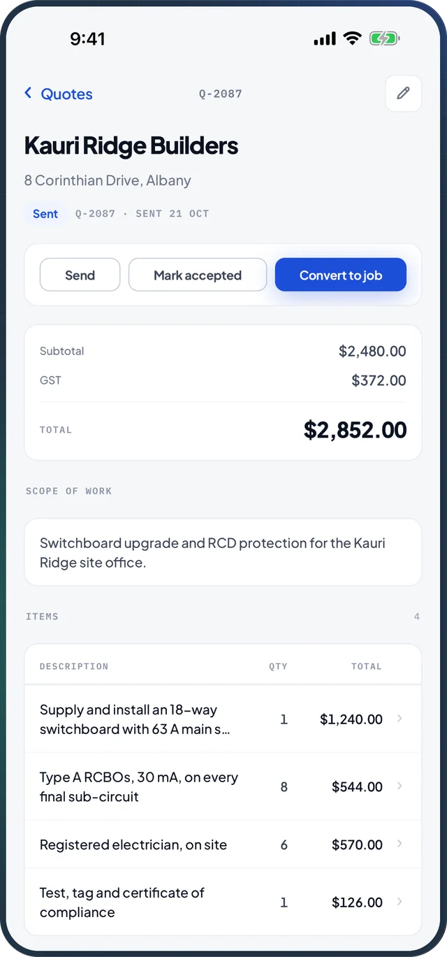 A quote on the phone with Send, Mark accepted and Convert to job buttons