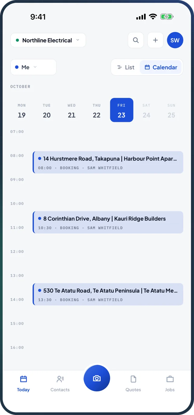 The week's calendar with bookings laid out by the hour