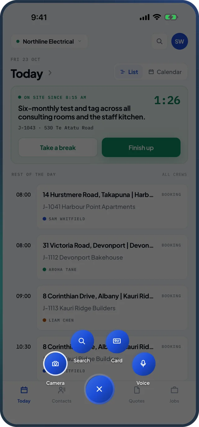 The shortcut button held open, offering Camera, Search, Card and Voice