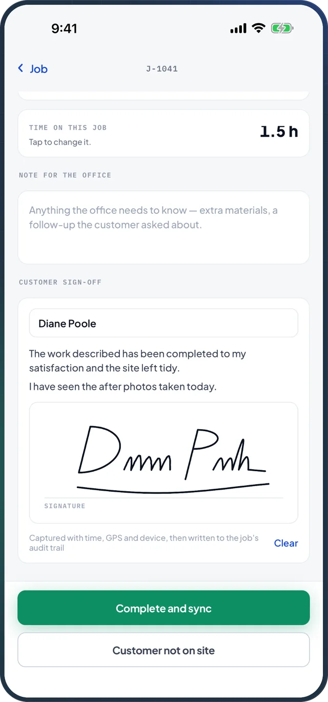 The finish-up screen with the time on the job, a note for the office and the customer's signature