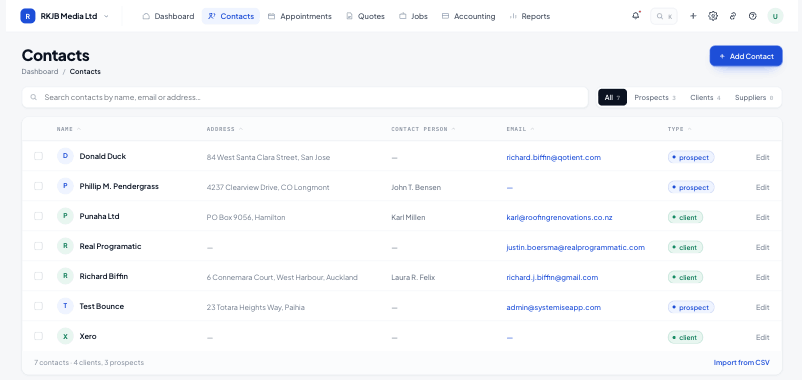 Contacts & CRM in the Systemise product interface