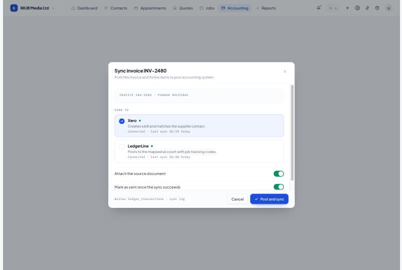 Systemise invoice sync dialog with Xero selected